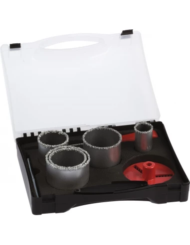 Coffret complet de 5 trépans concrétion carbure 67 - 73 - 83 p 55 mm