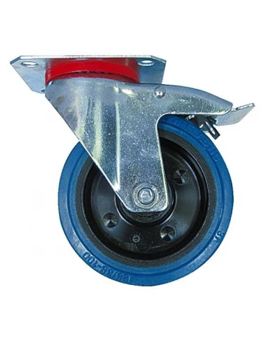 Roulette caoutchouc elastiquebleu pivotante bloquante diam 100 h 12