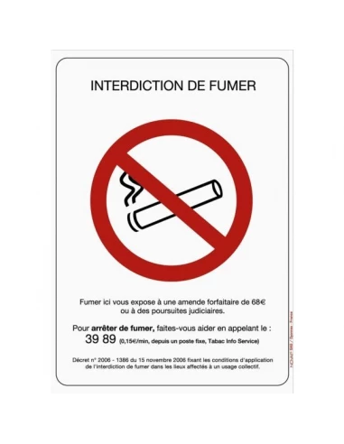 Panneau 148 x 210 mm''interdit de fumer'' avec texte de loi