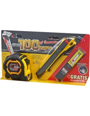 Lot 1 mesure 5 m largeur 27 mm 1 cutter 18 mm et 1 guide lame et 1 etui de 10 lames 18 mm