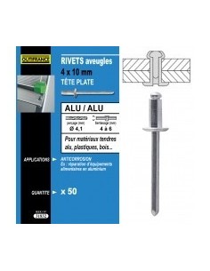 Rivets alu / alu tete plate blibox -  désignation:50 rivetsø rivet x  longueur:4,8 x 8 mmepaisseur à sertir:3,0 à 4,5 mmø cou