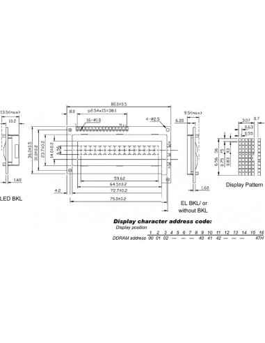 Lcd 16 x 1 'bottom view' type reflectif