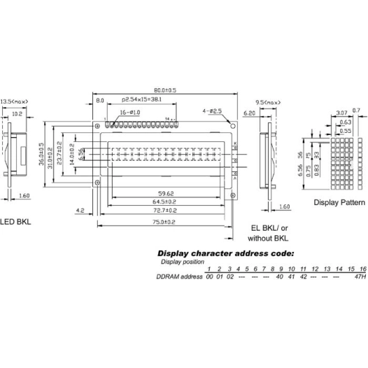 Lcd 16 x 1 'bottom view' type reflectif