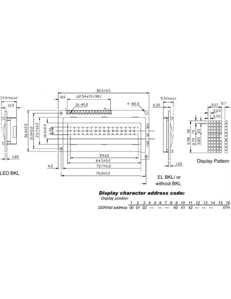 Lcd 16 x 1 'bottom view' type reflectif