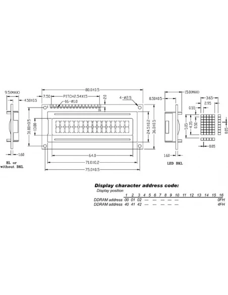 Lcd 16 x 2 'bottom view' type reflectif