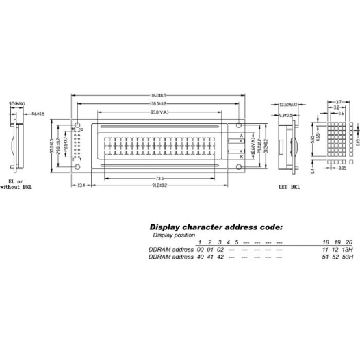 Lcd 20 x 2 'bottom view' type transflectif - avec retro-eclairage jaune