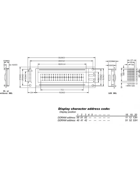 Lcd 20 x 2 'bottom view' type transflectif - avec retro-eclairage jaune