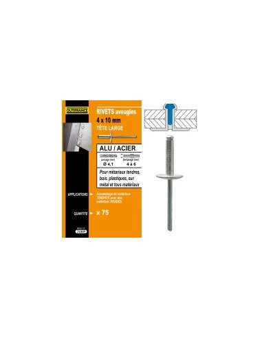 rivets alu / acier tete large désignation 1000 rivetsø rivet x longueur 4 x 10 mmepaisseur à sertir 5,0 à 6,5 mmø couronne 12,0