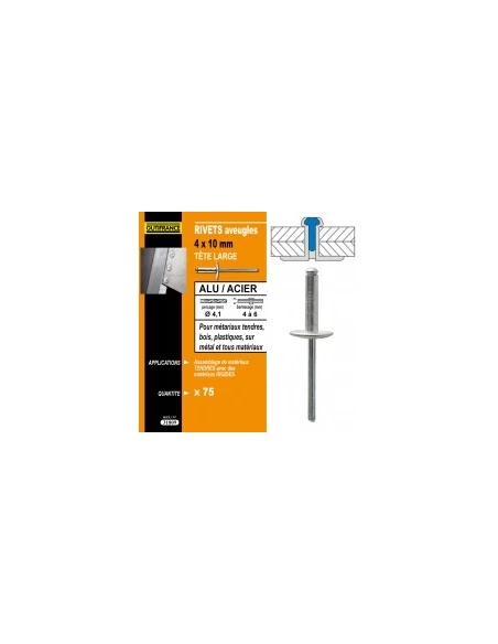rivets alu / acier tete large désignation 25 rivetsø rivet x longueur 4,8 x 30 mmepaisseur à sertir 23,0 à 25,0 mmø couronne 14,