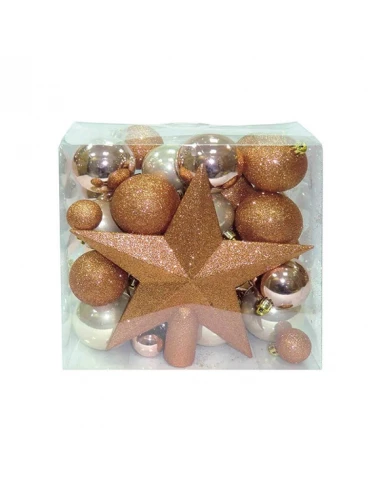 coffret 50 boules d6cm + 1 cimier etoile caramel