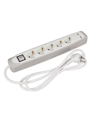 bloc multiprise avec interrupteur - 5 prises - 2 ports usb - gris/blanc - schuko
