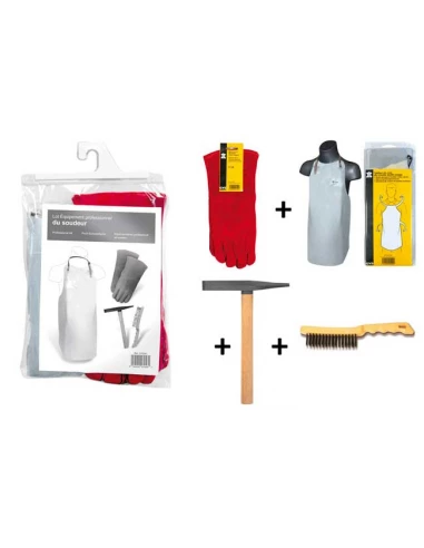 kit equipement pro du soudeur : tablier + paire de gants + marteau + brosse