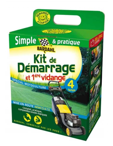 Kit de démarrage universel 4 temps BARDAHL pour tondeuse, composé de: 1 seringue de vidange, 2 bidon