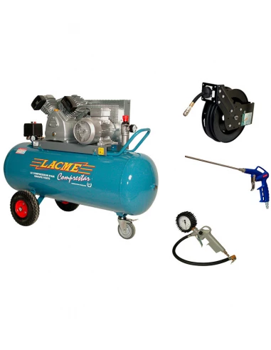 compresseur 27v150 triphasé lacme + enrouleur + soufflette + pistolet
