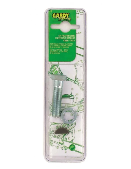 Kit rondelle frein + clavette 1/2 lune + vis de lame - Ø 9,5 x 38 mm.