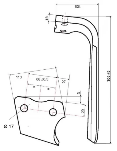 dent herse - droite - kuhn - adapt - 52539400 / 525604 - rh68 - ep. 18mm