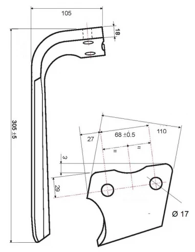 dent herse - gauche - kuhn - adapt - 52539500 / 525605 - rh68 - ep. 18mm