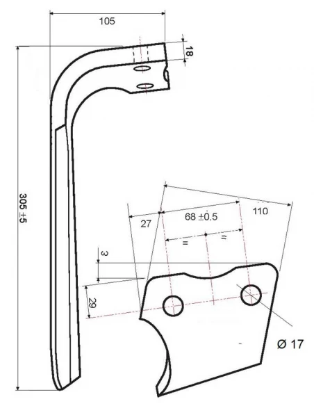 dent herse - gauche - kuhn - adapt - 52539500 / 525605 - rh68 - ep. 18mm