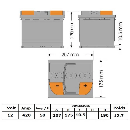 batterie 12v - 50ah - 420 a 207x175x175
