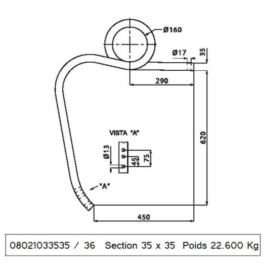 dent cultivateur - gauche - multimarque - adapt - double spire gd - 35x35 mm