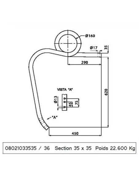 dent cultivateur - gauche - multimarque - adapt - double spire gd - 35x35 mm