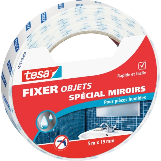 Ruban adhésif double face spécial miroirs et objets - 5m x 19mm - TESA