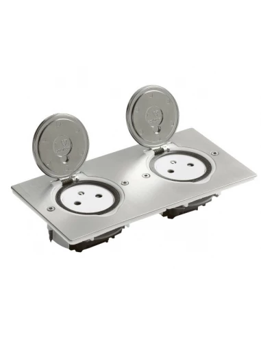 Prise de sol double 2P+T Surface 16A 250V platine rectangulaire - inox brossé