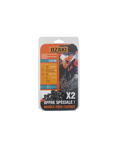 Lot de deux chaînes de tronçonneuse OZAKI sous coque semi carrée: 3/8''LP 043'' (1,1mm) 50 entraîneurs ( E50 )