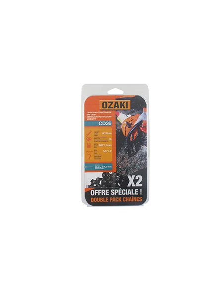 Lot de deux chaînes de tronçonneuse OZAKI sous coque semi carrée: 3/8''LP 043'' (1,1mm) 50 entraîneurs ( E50 )