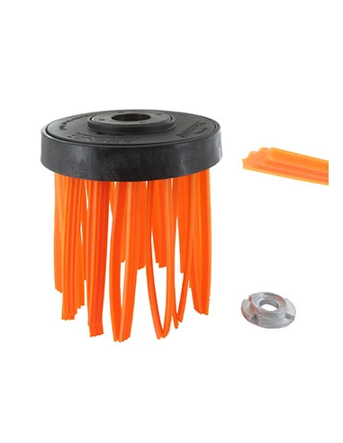 Tête plastique brosse fil nylon pour débroussailleuse, toutes cylindrées. S'adapte comme une lame de coupe. Alésage : 25,4 mm. P