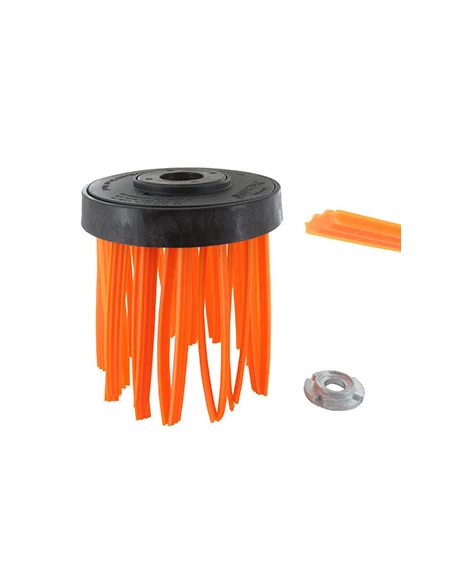Tête plastique brosse fil nylon pour débroussailleuse, toutes cylindrées. S'adapte comme une lame de coupe. Alésage : 25,4 mm. P