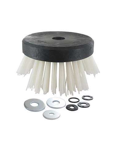 Tête plastique brosse avec fils nylon injectés, diamètre 140mm, pour débroussailleuses à dos. Modèle universel (alésage 20 et 25
