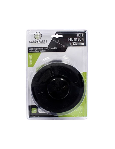 Tête fil nylon TAP-N-GO TECOMEC diamètre: 130 mm. Livrée avec du fil rond diamètre: 2,4 mm et 3 adaptateurs filetage à gauches: