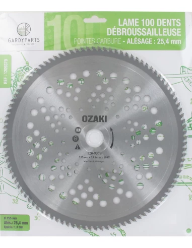 Lame de débroussailleuse 100 dents carbure Ø: 255 x 25.4 x 1,3mm, avec couteaux affutés sur 3 côtés et alternés droite/gauche. P