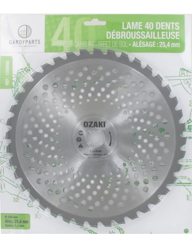 Lame de débroussailleuse 40 dents carbure Ø: 255mm x 25.4mm x 1,3mm en bol avec effet de sol pour évacuation des débris, protect