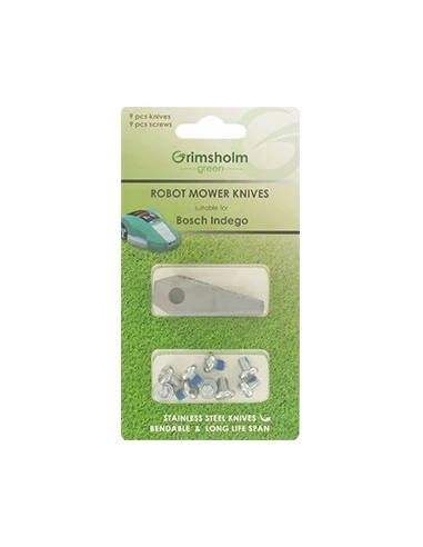 Blister de 9 lames pour robots BOSCH Indego, Indego 800, Indego 1000 Connect, Indego 1300. Remplace origine F016800321.
