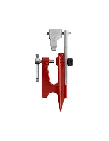 Etau d'affutage à pointe pour enfoncement dans un tronc et fournis avec butée de maillon.