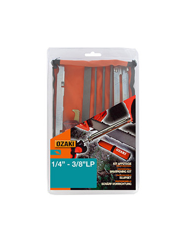 Kit d'affûtage pour chaînes en 1/4'' et 3/8'' low-pro comprenant 2 manches de lime, 1 jauge de profondeur, 1 porte lime, 1 curet