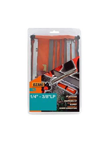 Kit d'affûtage pour chaînes en 1/4'' et 3/8'' low-pro comprenant 2 manches de lime, 1 jauge de profondeur, 1 porte lime, 1 curet