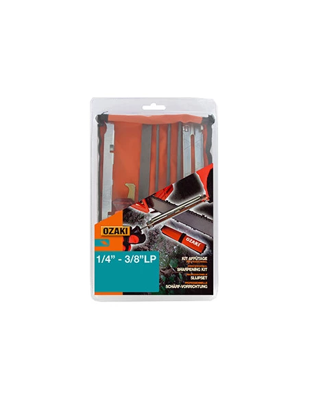 Kit d'affûtage pour chaînes en 1/4'' et 3/8'' low-pro comprenant 2 manches de lime, 1 jauge de profondeur, 1 porte lime, 1 curet