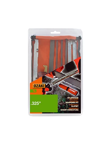 Kit d'affûtage pour chaînes en .325'' comprenant 2 manches de lime, 1 jauge de profondeur, 1 porte lime, 1 curette de guide, 1 l