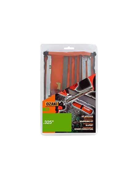 Kit d'affûtage pour chaînes en .325'' comprenant 2 manches de lime, 1 jauge de profondeur, 1 porte lime, 1 curette de guide, 1 l