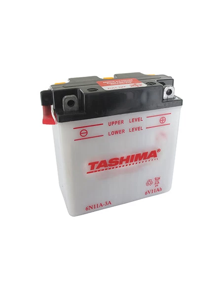 Batterie plomb TASHIMA 6V, 11A. L: 122, l: 62, H:132mm, + à droite. (livrée sans acide). - Batterie à mettre en acide avant d'êt