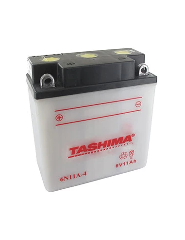 Batterie plomb TASHIMA 6V, 11A. L: 122, l: 62, H:132mm, + à gauche. (livrée sans acide) pour motos. - Batterie à mettre en acide