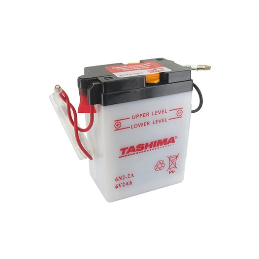 Batterie plomb TASHIMA 6V, 2A. L: 70mm, l: 47mm, H: 96mm + à droite pour motos. (livrée sans acide). - Batterie à mettre en acid