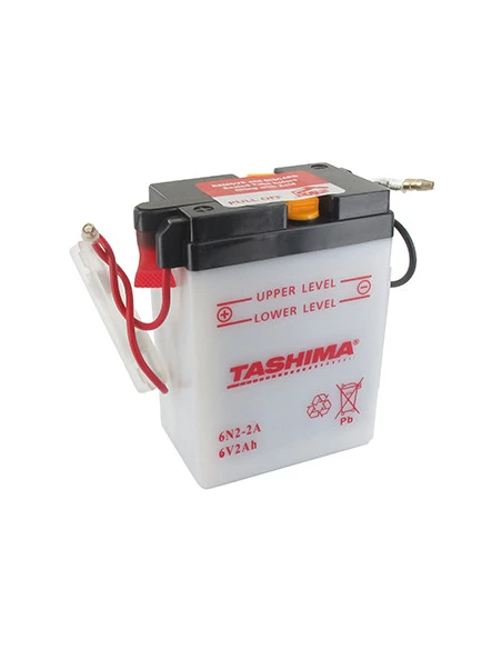 Batterie plomb TASHIMA 6V, 2A. L: 70mm, l: 47mm, H: 96mm + à droite pour motos. (livrée sans acide). - Batterie à mettre en acid