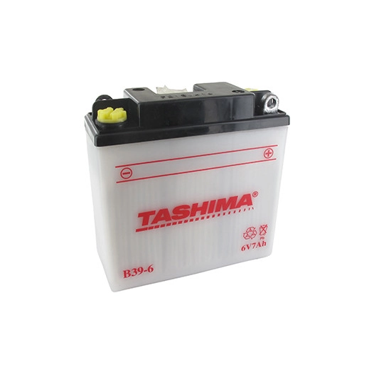 Batterie plomb TASHIMA 6V, 7A. L: 126, L: 48, H:126mm, + à droite pour scooter, motos. (livrée sans acide). Remplace origine B39