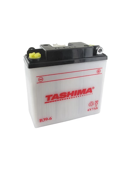 Batterie plomb TASHIMA 6V, 7A. L: 126, L: 48, H:126mm, + à droite pour scooter, motos. (livrée sans acide). Remplace origine B39