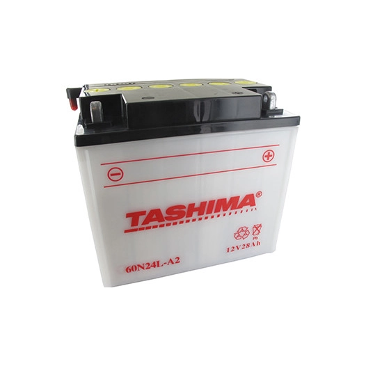 Batterie plomb TASHIMA Y60N24LA renforcée 12V, 28A. L: 184, l: 124, H:168mm, + à droite pour motoneige. (livrée avec acide sépar