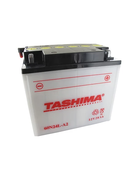 Batterie plomb TASHIMA Y60N24LA renforcée 12V, 28A. L: 184, l: 124, H:168mm, + à droite pour motoneige. (livrée avec acide sépar